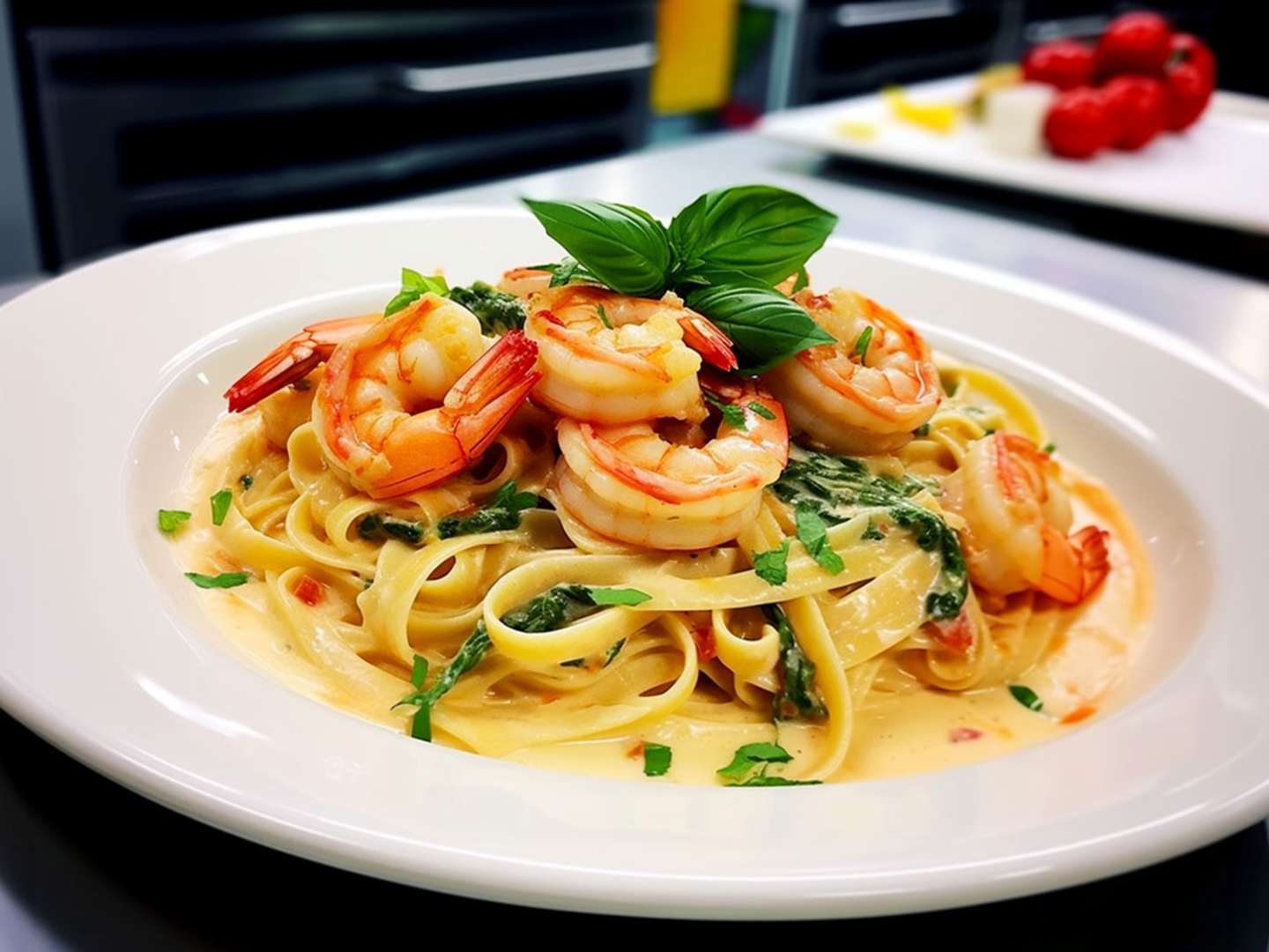 Pasta med räkor och vitlök.