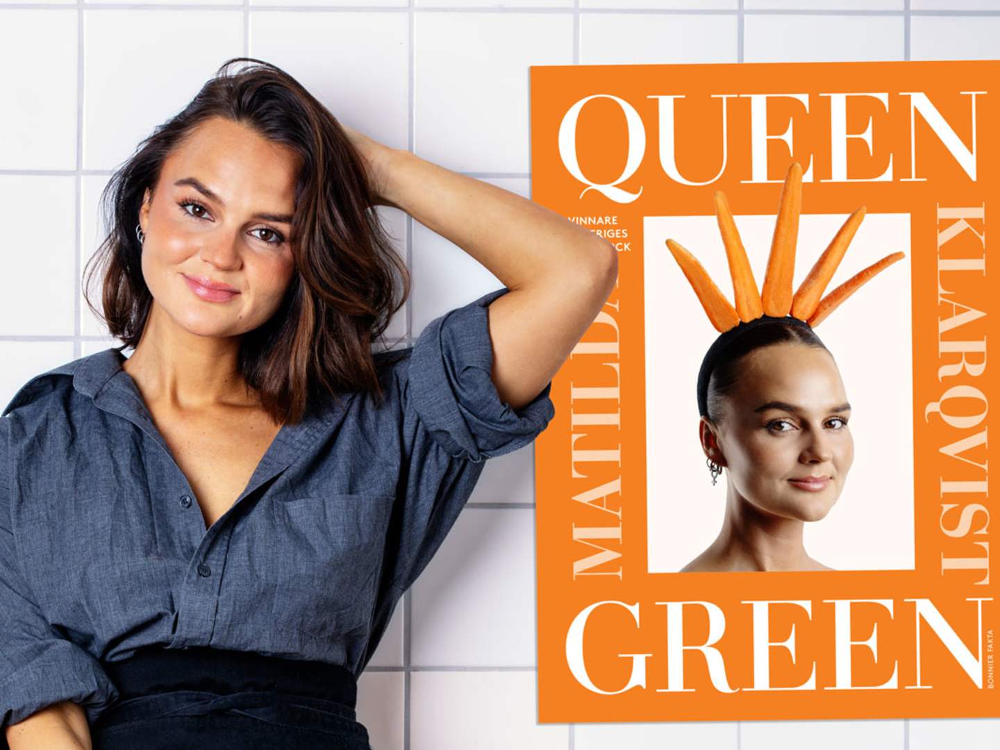 Matilda Klarqvist, vinnare av Sveriges Mästerkock 2025, och hennes kokbok Queen Green.