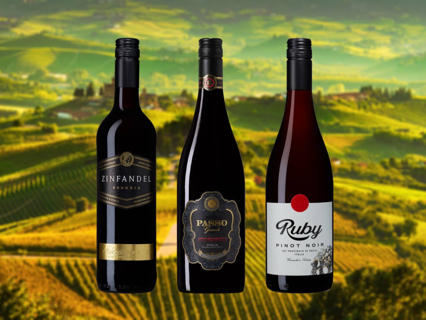 Billiga italienska viner, tre flaskor.