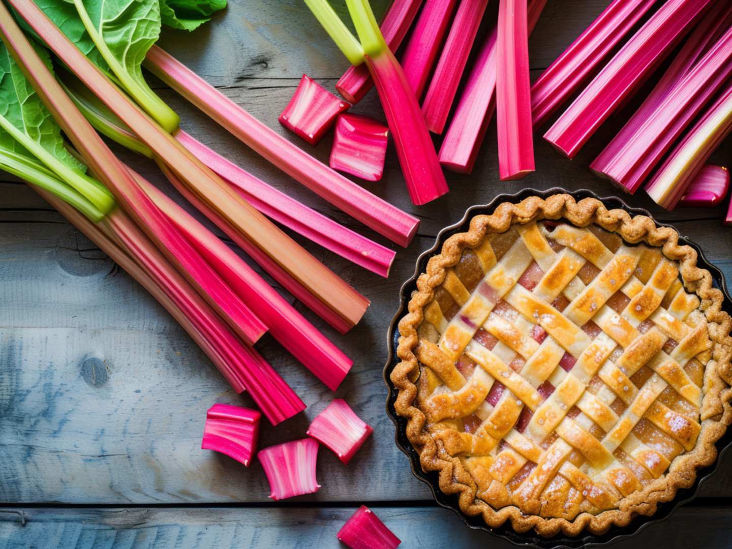 Rabarberpaj och färska rabarber.