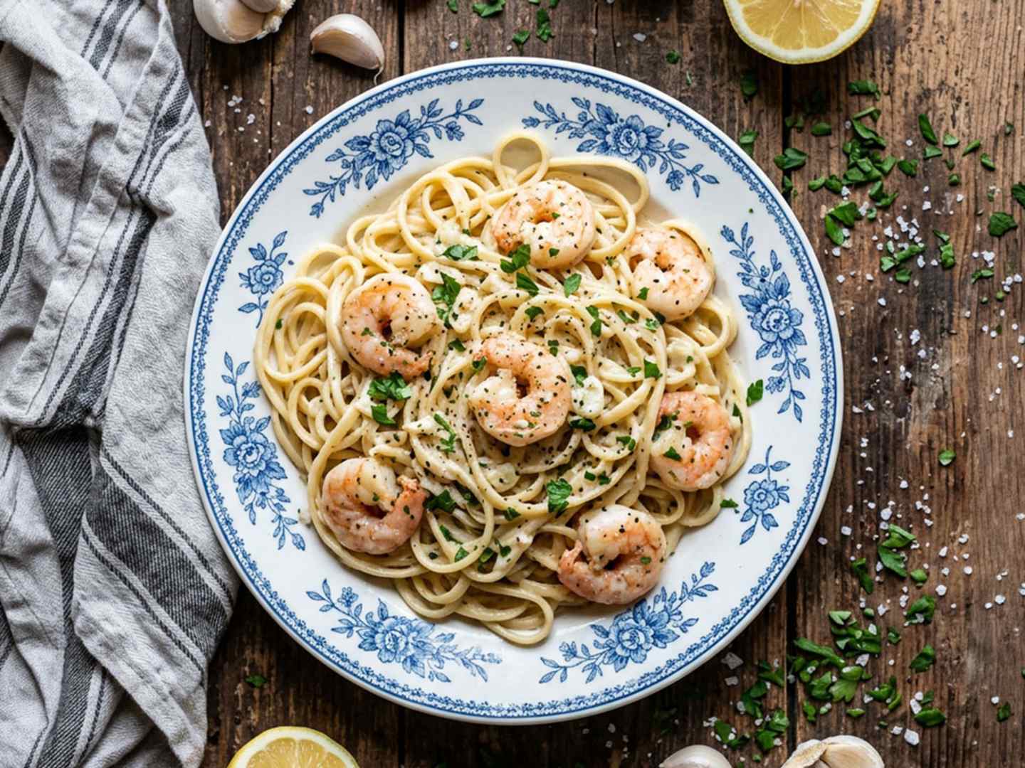 Pasta med räkor och vitlök.