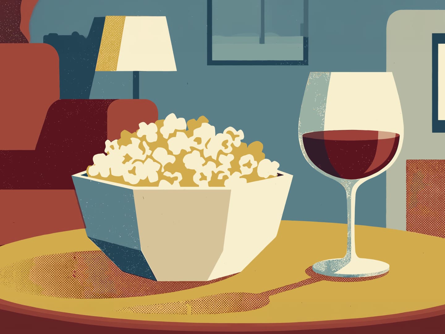 Tecknad bild av en skål popcorn och ett glas rödvin på ett vardagsrumsbord.