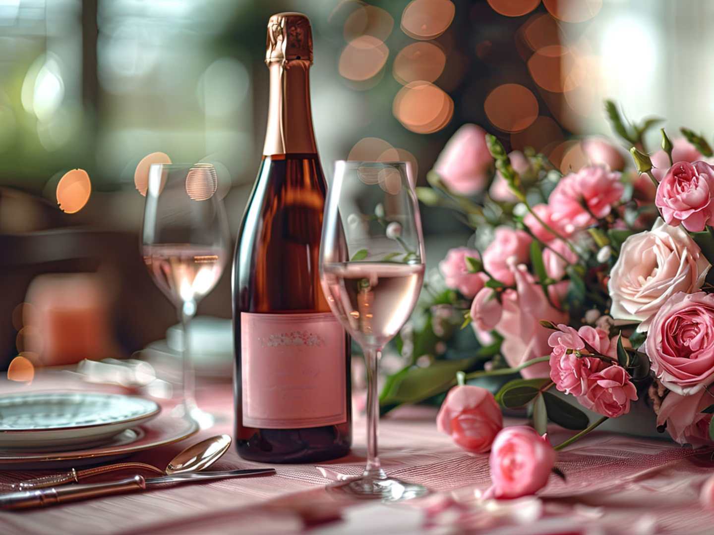 Vinflaska på bord med rosa blommor.