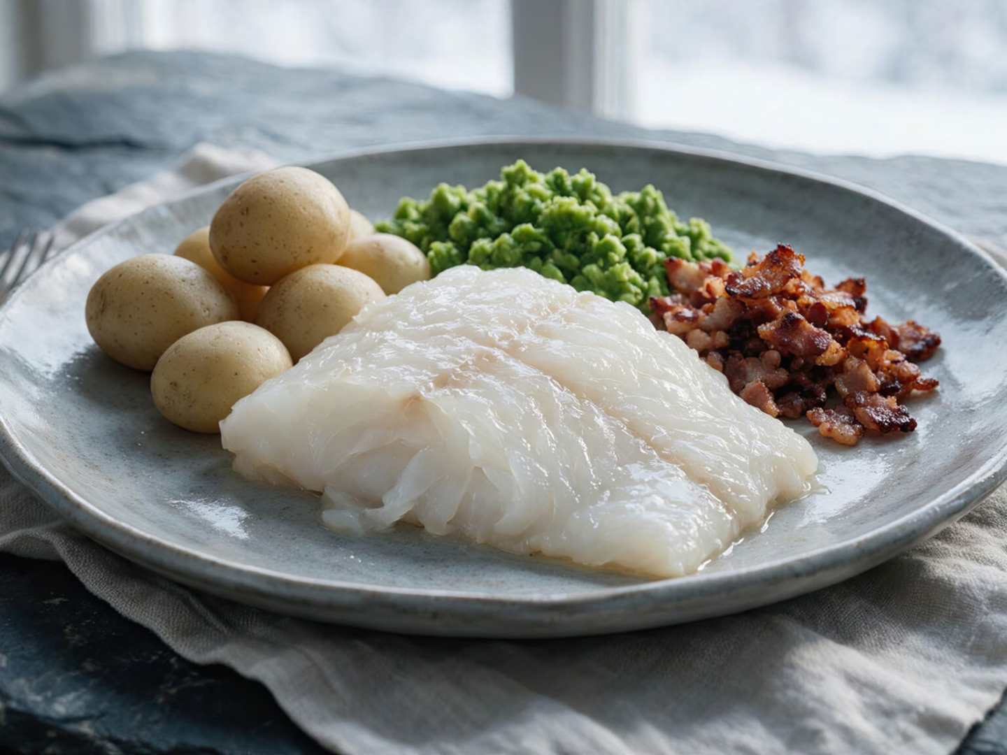 Lutfisk på tallrik med potatis, ärtor och fläsk.