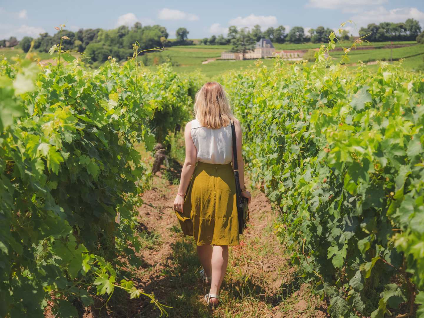 Kvinna som besöker en vingård i Europa på sommaren..