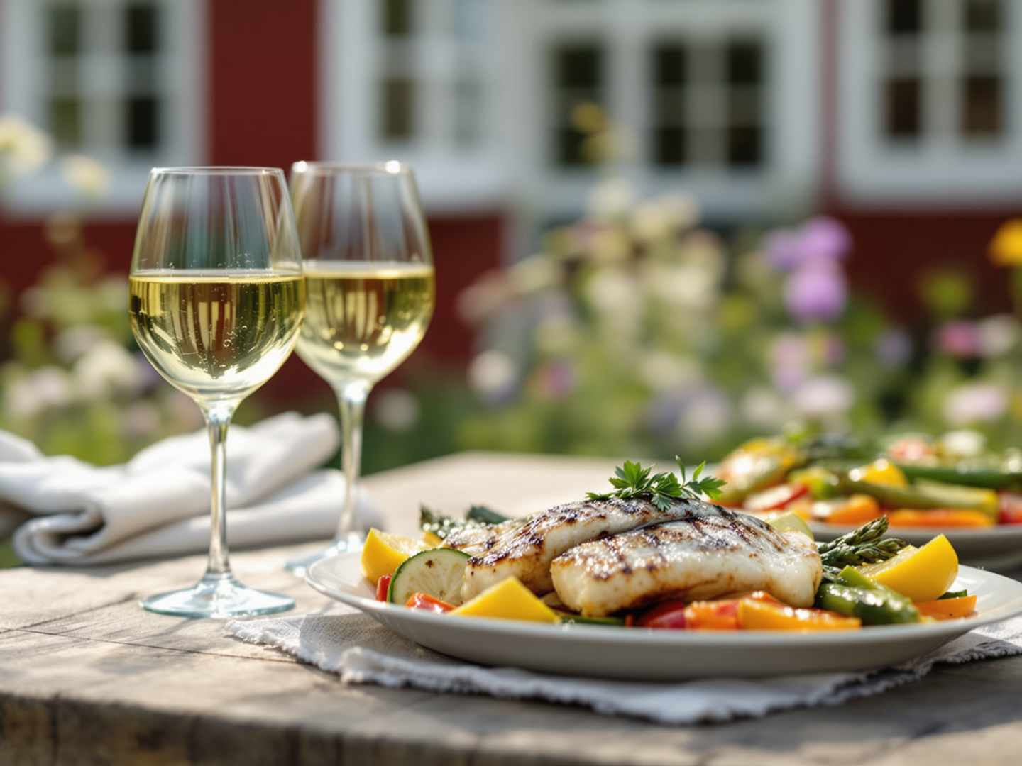 Vitt vin till grillad fisk och grillade grönsaker.