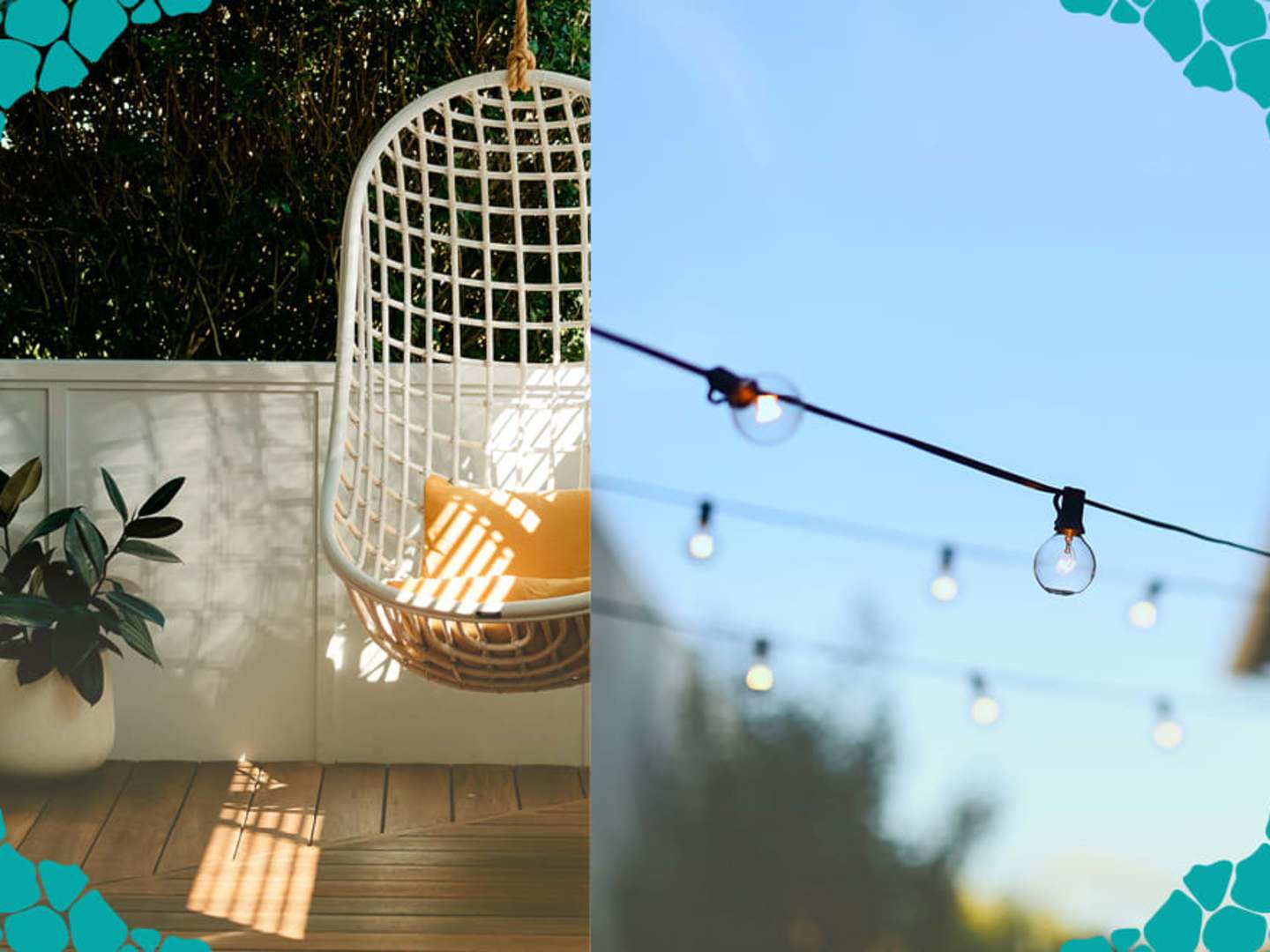 Balkong med rottingstol och ljuslyktor
