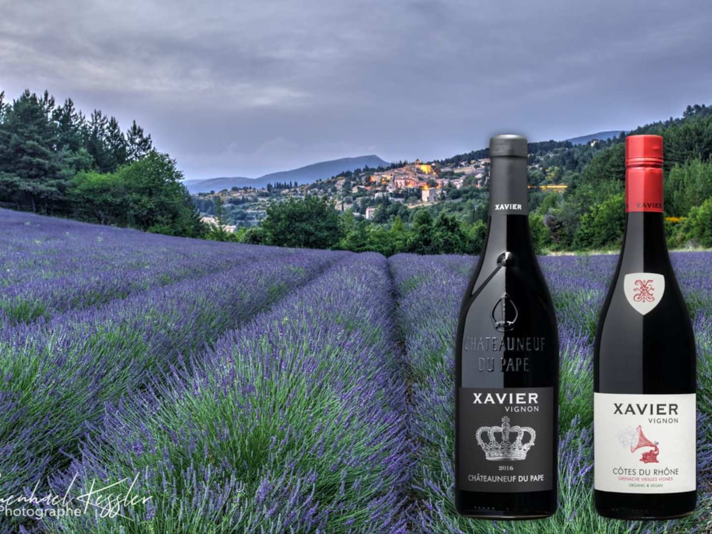 Xavier Vignon vinflaskor och lavendelfält