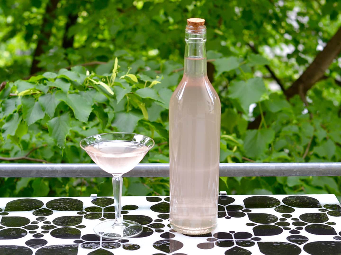 Rabarber-martini i flaska och glas och grönska i bakgrund