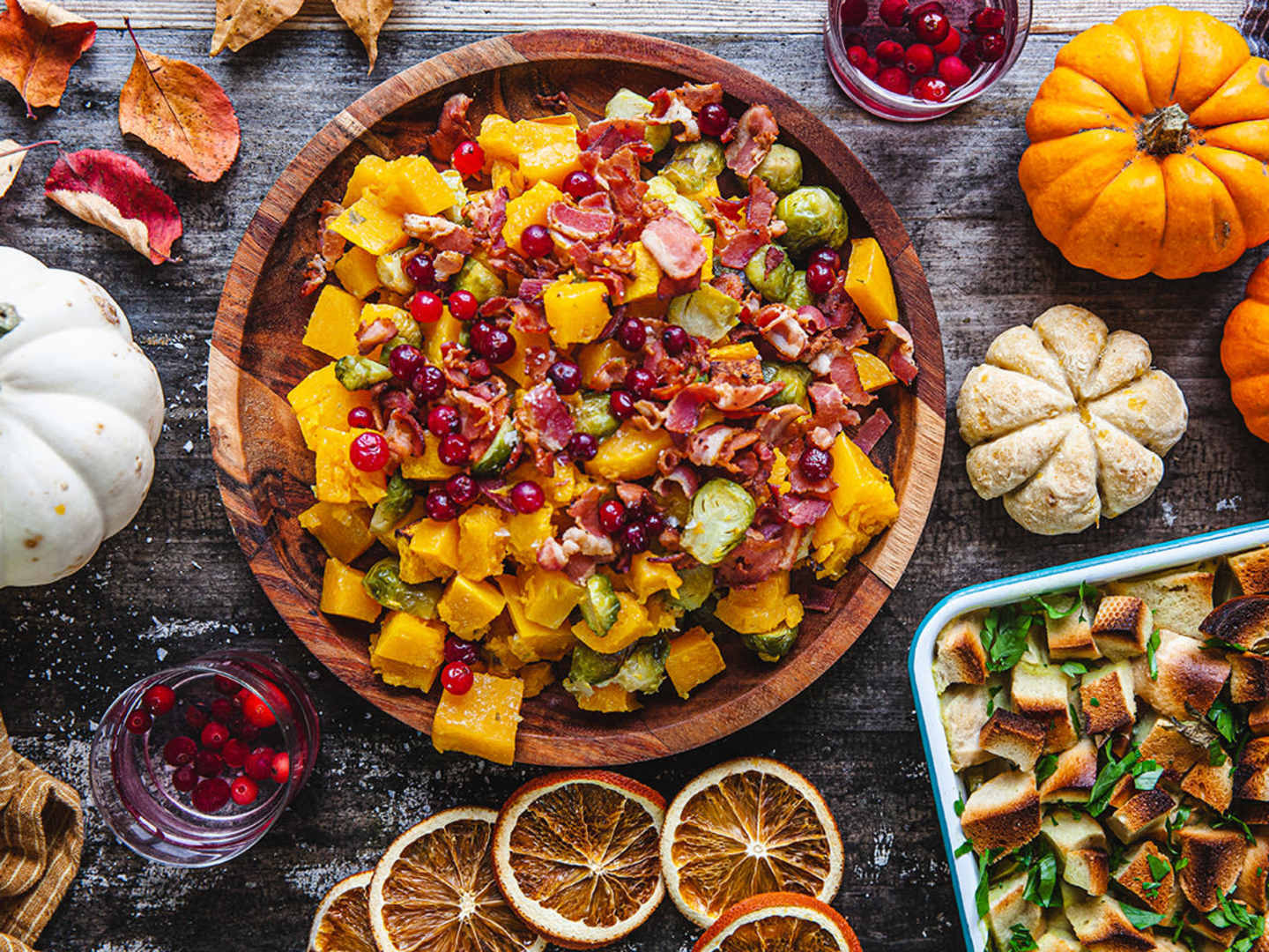 Rostad pumpa med brysselkål och bacon.