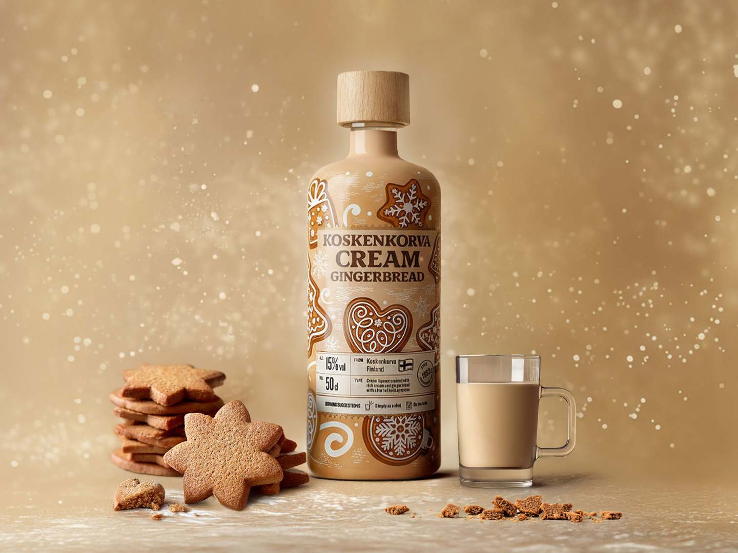 Koskenkorva Cream Gingerbread med pepparkakor och glas