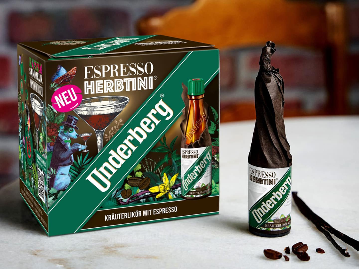 Underberg Espresso Herbtini på stenbord.