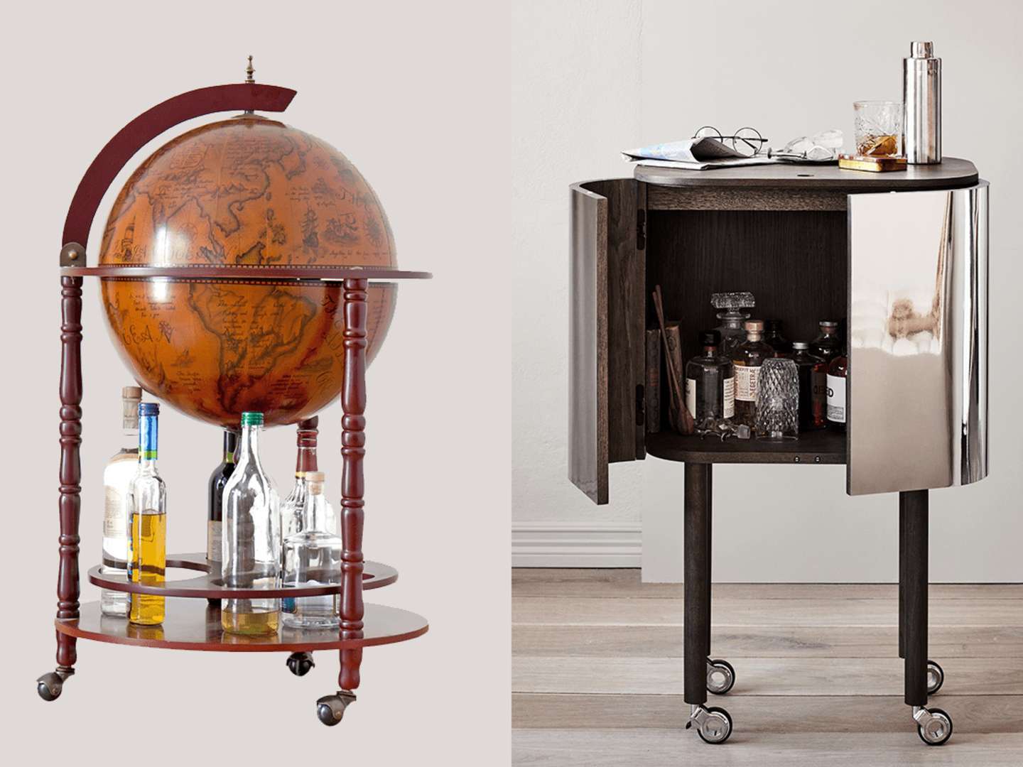 Barvagn i form v jordglob och ett barskåp