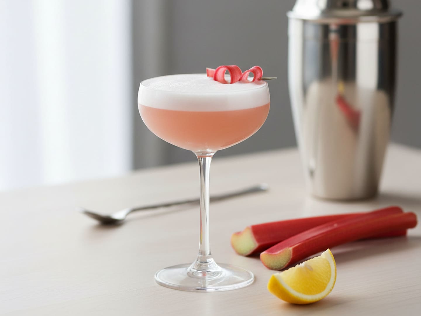 Rabarber Sour i ett cocktailglas med rabarber och citron bredvid.