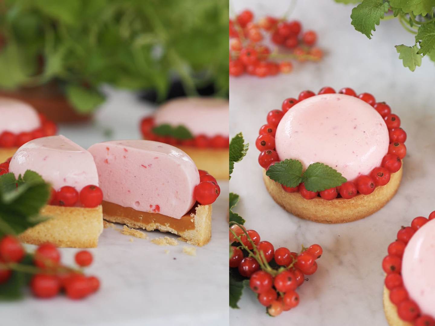 Tarte med mousse på röda vinbär och salt kolasås