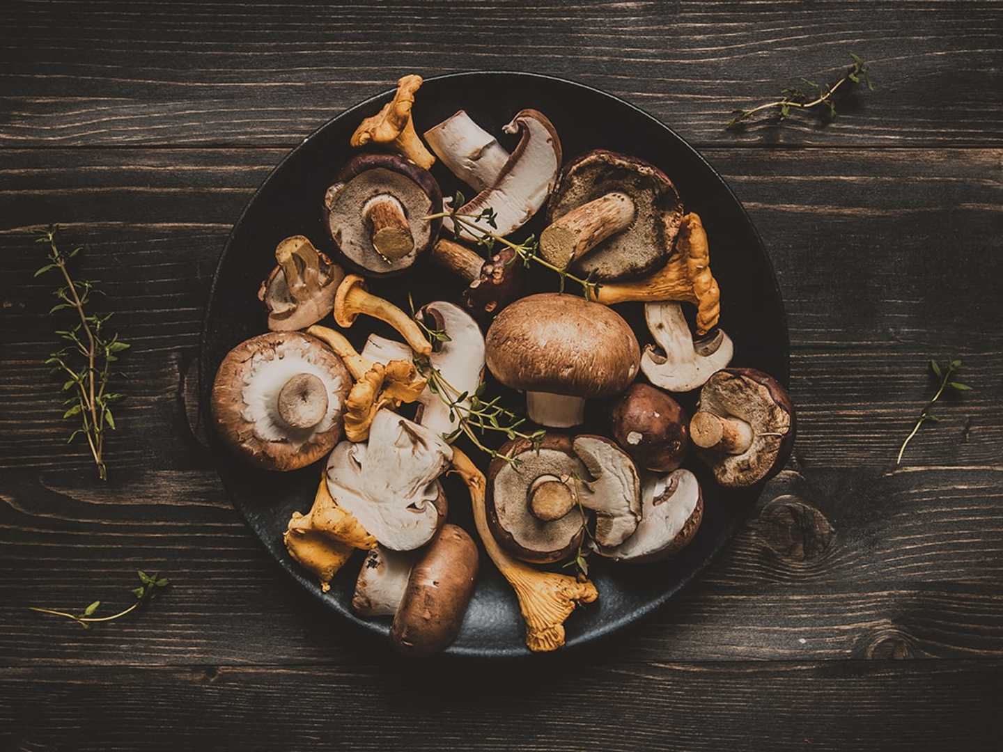 Kantareller och champinjoner upplagda på en tallrik 