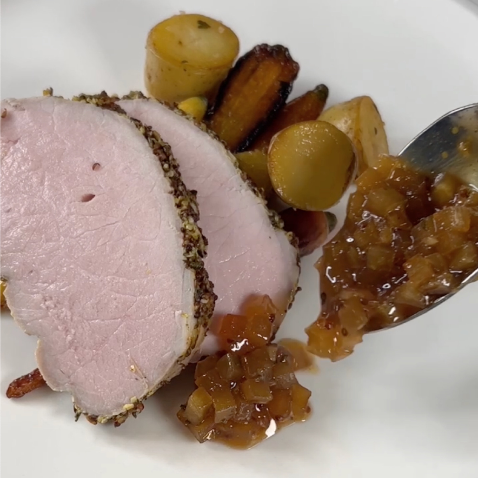 Mustard And Rosemary Pork Loin With Apple Gastrique Combi Steam Oven mustard-and-rosemary-pork-loin-with-apple-gastrique-combi-steam-oven
