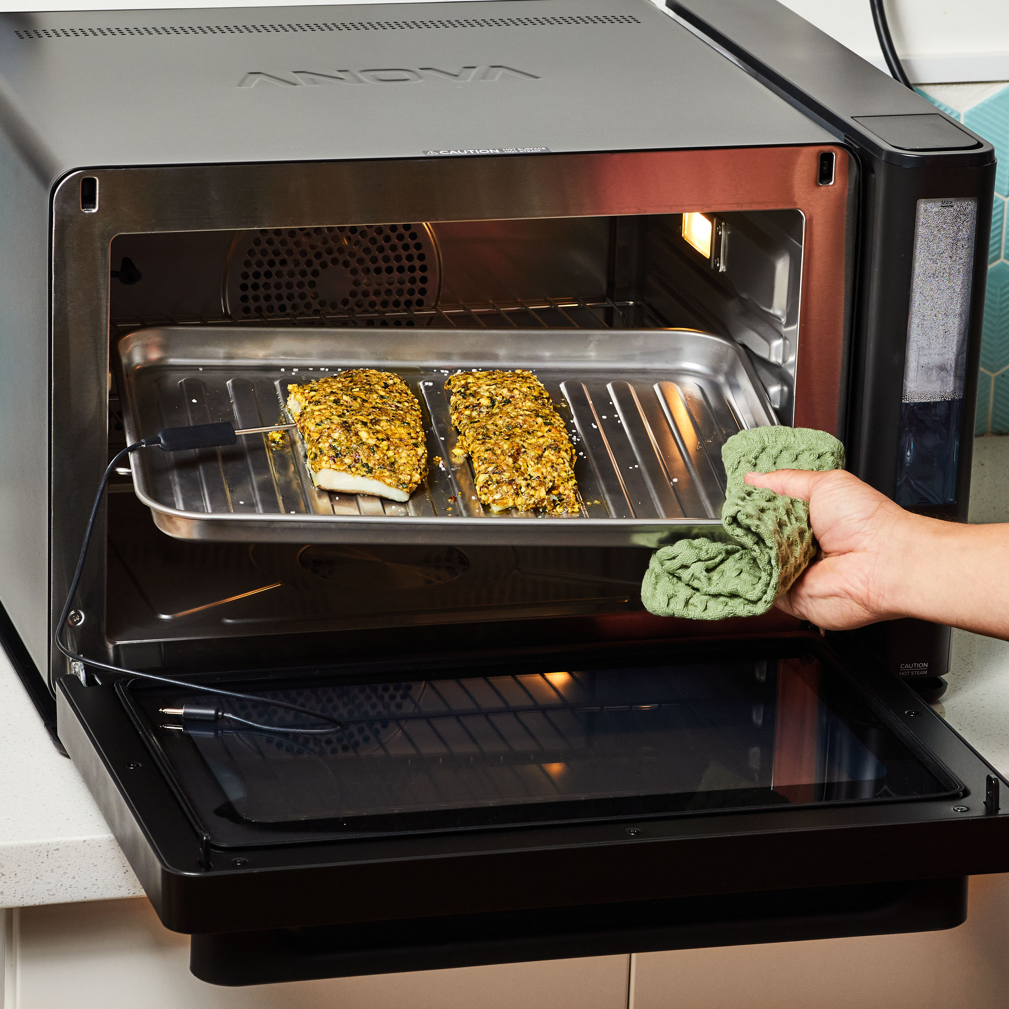 Herb and Pistachio Crusted Halibut with Green Herb Sauce Combi Steam