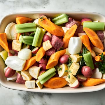 Add veggies and beef to fish 