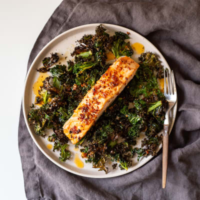 Chili Crisp Sheet Pan Salmon with Kale