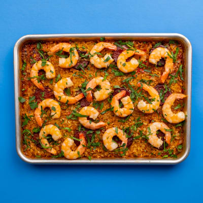 Sheet Pan Steam-Baked Paella with Shrimp and Chorizo