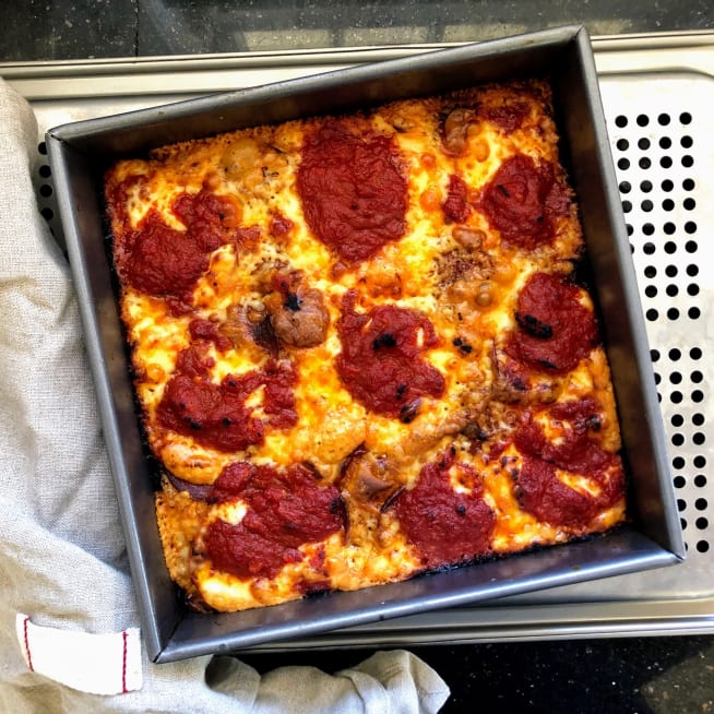 A Detroit-style pizza made in an ANOVA Precision Oven