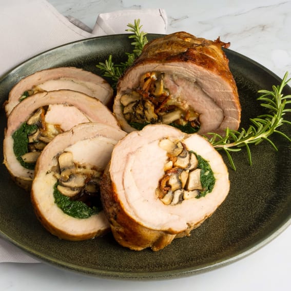 Pork Loin Roulade with Spinach, Mushrooms, and Bacon