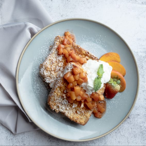 Steam-Baked Stuffed French Toast with Peach Compote