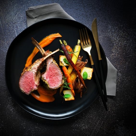 Mint Crusted Lamb Rack with Curried Carrot Purée