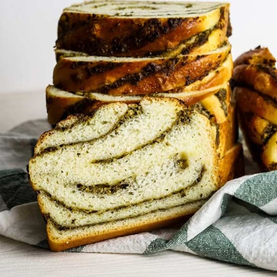 Steam-Baked Babka with Pesto, Ricotta, and Roasted Garlic