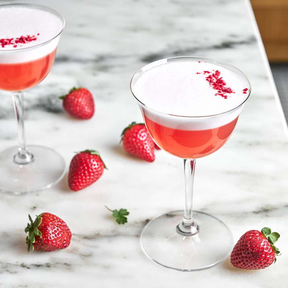 Strawberry-Rhubrarb Tequila Sour with Homemade Strawberry-Infused Tequila