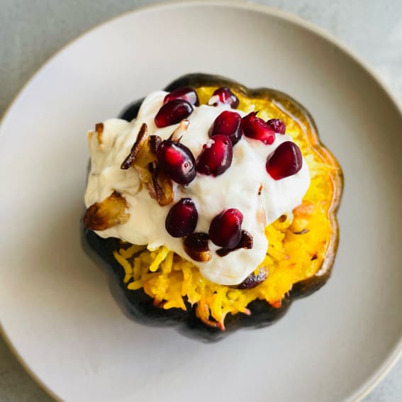 Steam-Roasted Acorn Squash Stuffed with Saffron Rice 