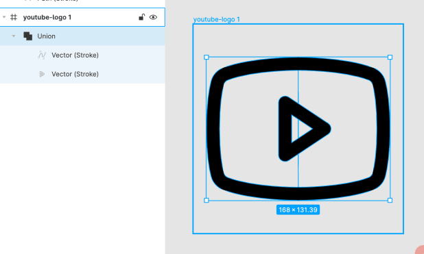 Captura de Figma en la que se ve un icono de YouTube que tiene una union hecha para realizar el icono completo