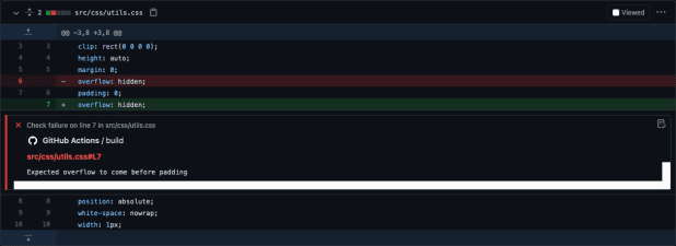Captura de pantalla que muestra un error en un fichero de Stylelint