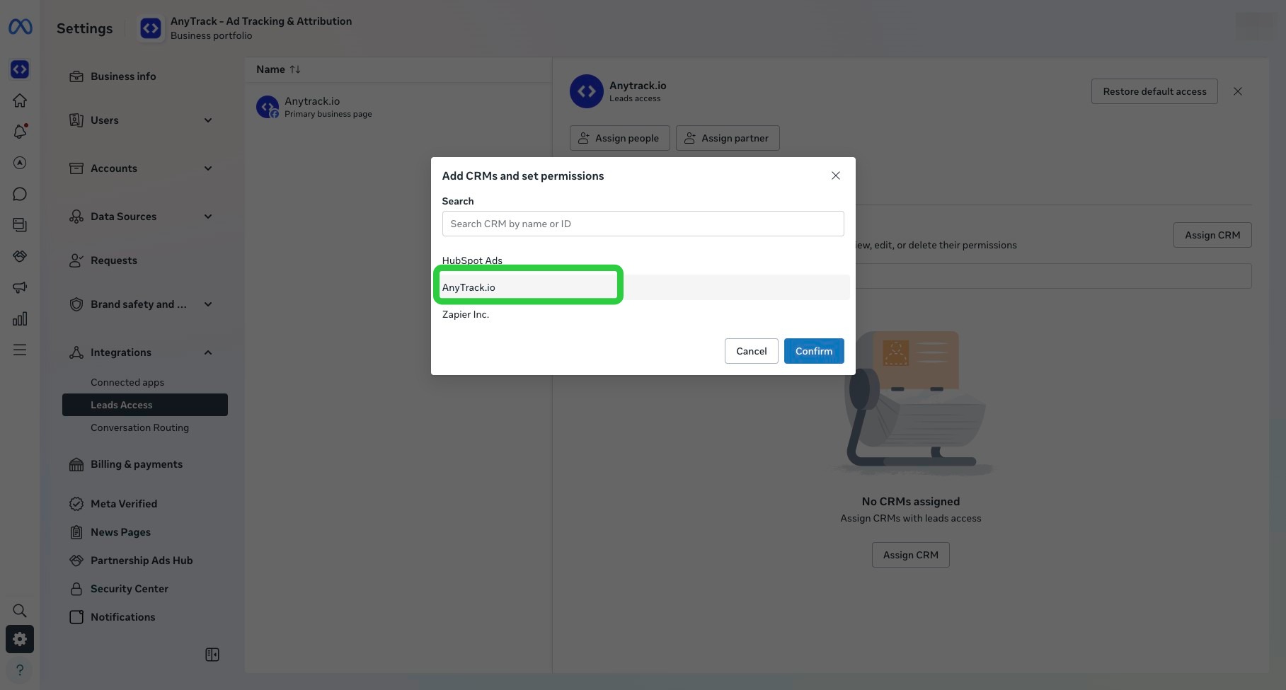 Select AnyTrack as the CRM