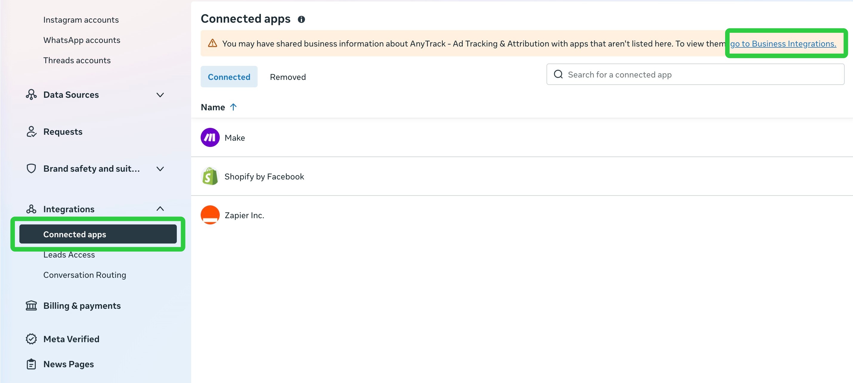 Open Business Integrations from the notification banner