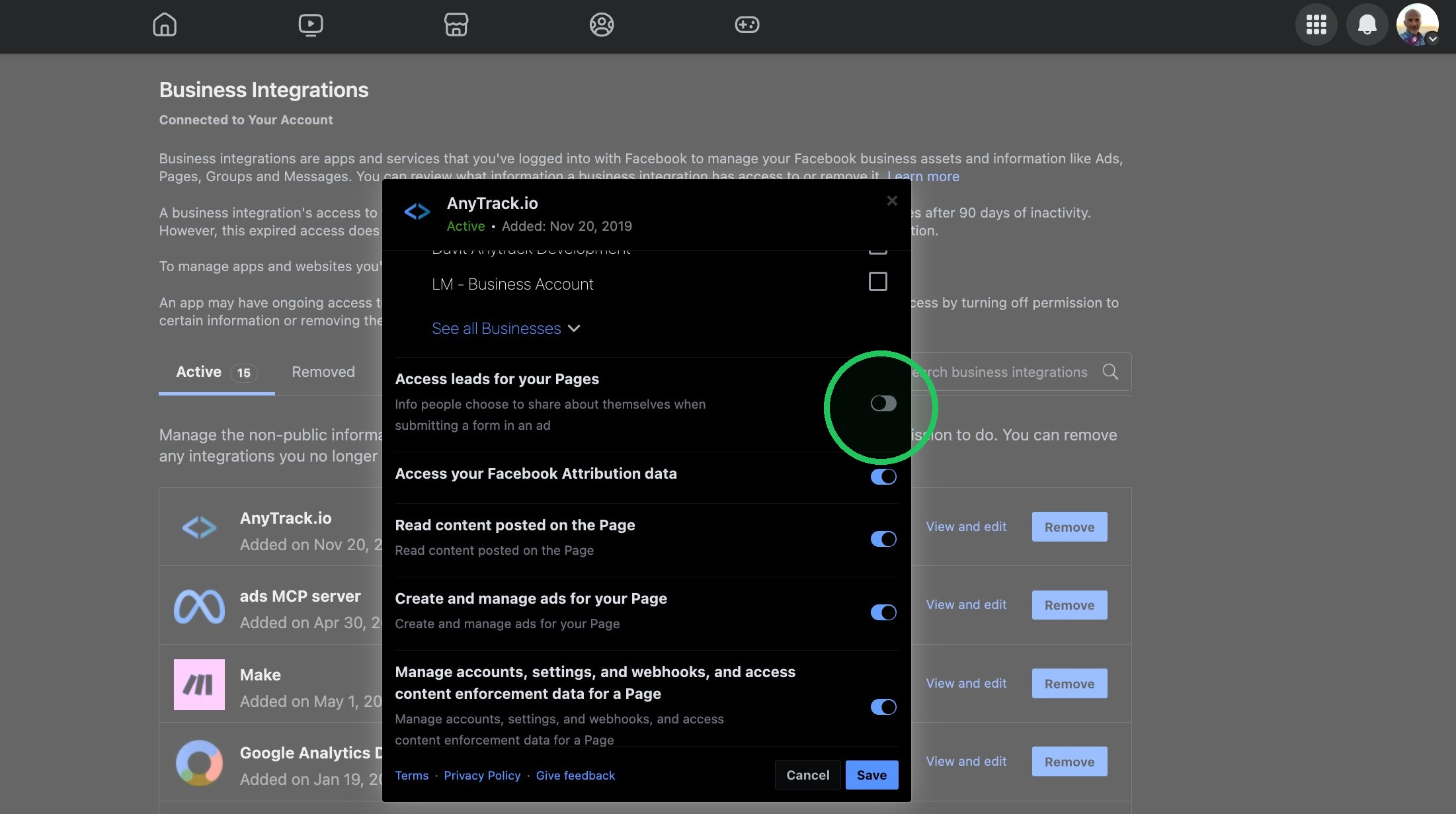 Find the Access leads for your Pages setting