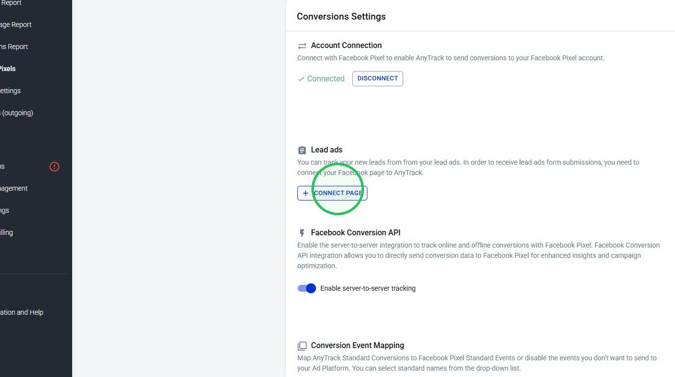 Select your Meta Pixel and click Lead Ads Connect Page