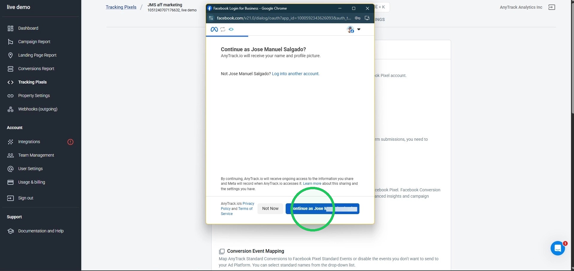 Log into Facebook and click Connect As
