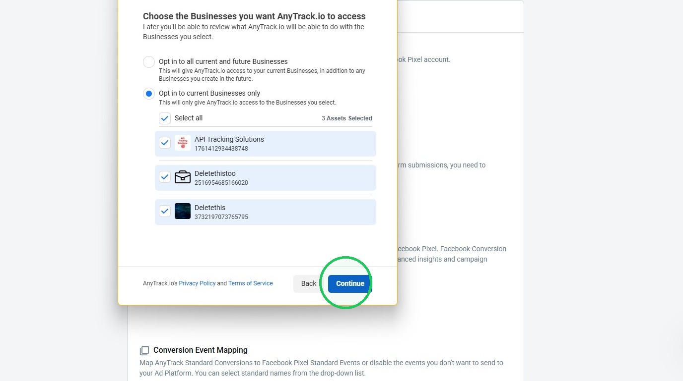 Choose the Facebook Business and continue