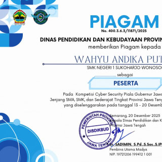 Sertifikat Peserta - Kompetisi Cyber Security Piala Gubernur Jawa Tengah 2025 — Dinas Pendidikan dan Kebudayaan Provinsi Jawa Tengah