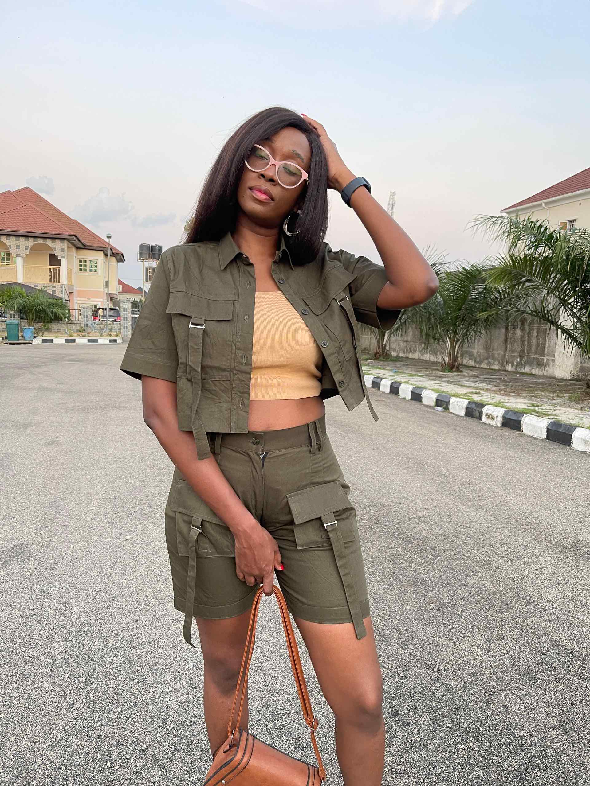 Crop top and utility short combo - Army Green