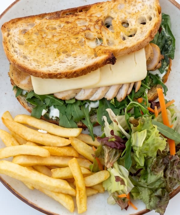 Grilled chicken pesto sourdough at Apri