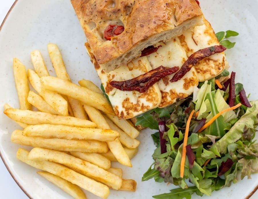 Grilled halloumi focaccia at Apri