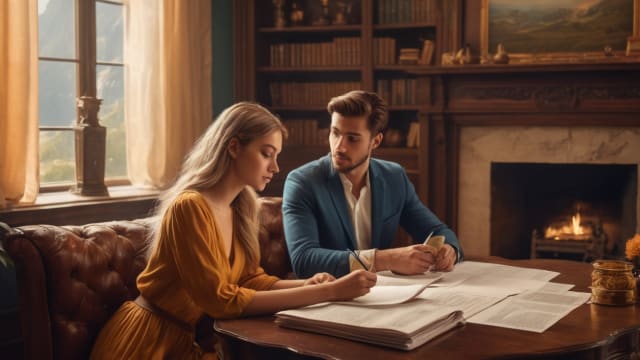 A young couple reviewing documents and discussing in their living room, visibly contemplating their future.