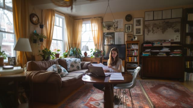 A young student reading a lease agreement in her apartment.