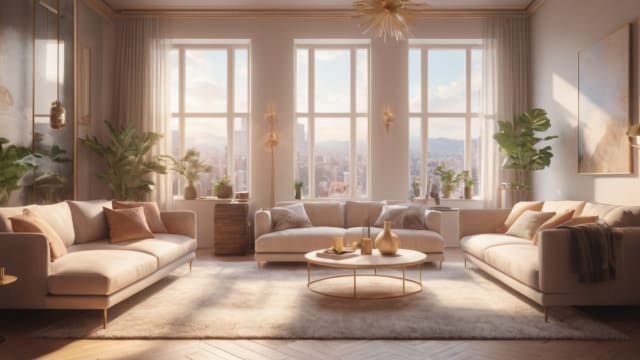 A cozy apartment living room bathed in soft, natural light.