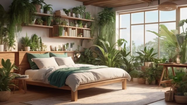 A neatly organized small living space with vibrant plants and natural light.