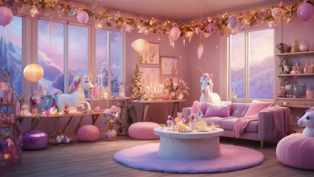 A cozy apartment corner festively adorned with unicorn-themed party decorations, creating a magical ambiance.