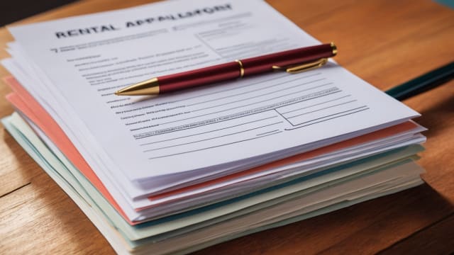 A stack of rental application forms on a wooden table with a pen on top, symbolizing the start of the apartment hunting journey.